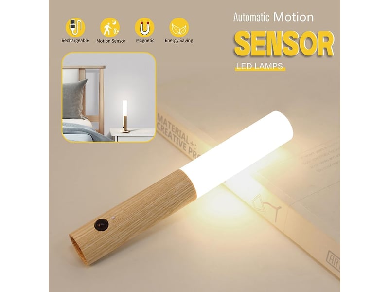  Veilleuse avec détecteur de mouvement en bois, lampe de couloir magnétique, rechargeable (ensemble de deux pièces, bois de frêne, blanc HRC0000103TBY - Conforama E
