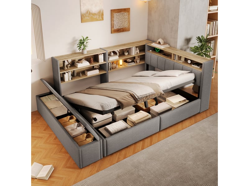 Canapé-lit coffre 140 x 200 cm - avec prise électrique - avec port usb - avec lumière led - tissu velours - gris (matelas non inclus) - Conforama D