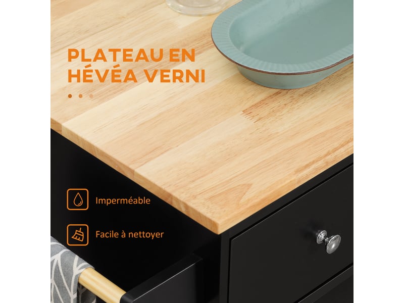  Desserte de cuisine avec 2 tiroirs et placard mdf et hévéa noir 89 x 45 x 89,5 cm  - Conforama E