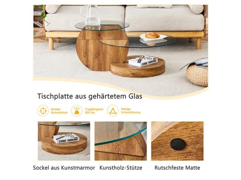 Table basse à plateaux superposés en mdf et verre trempé pour salon ø 49,8 et 69,8 cm finition bois - Conforama C