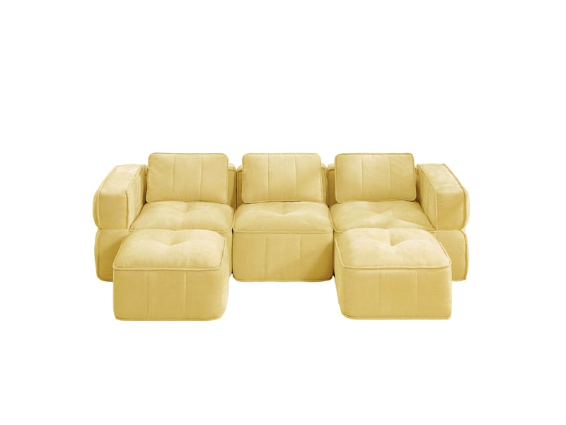 Canapé modulaire u 3 places 271x162x67 cm, mousse 32d, assise profonde, avec 2 poufs, polyester, jaune - Conforama E