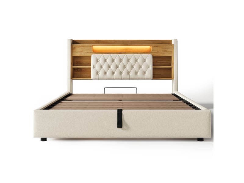  Lit coffre 140 × 200 cm, lin, beige, led, usb-c IKSETERA TRADING LTD - Conforama W