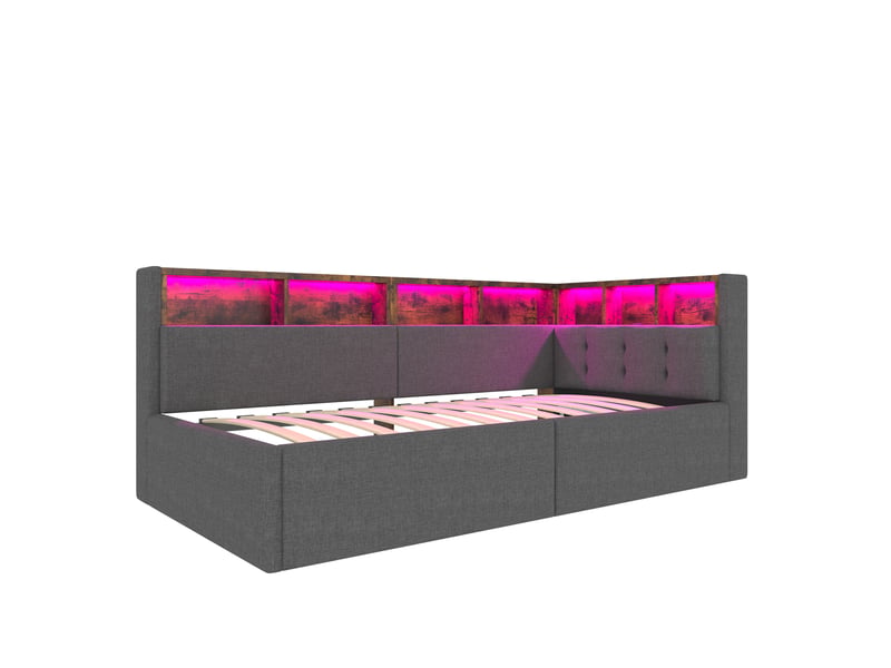  Lit banquette 90x200 cm avec rangement hydraulique, usb et type-c, led multicolore, gris, sans matelas  - Conforama E