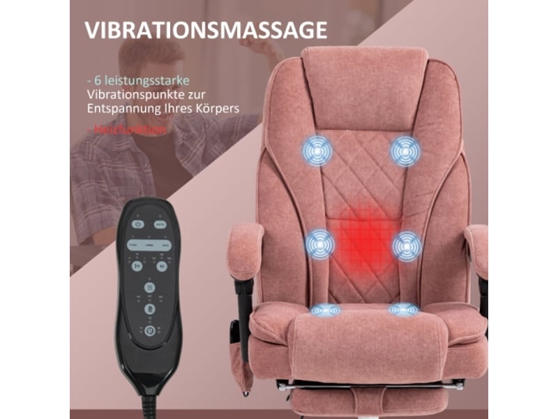  Chaise de bureau massante avec chaleur, inclinable, repose-pieds, télécommande, poche latérale, rose  - Conforama D
