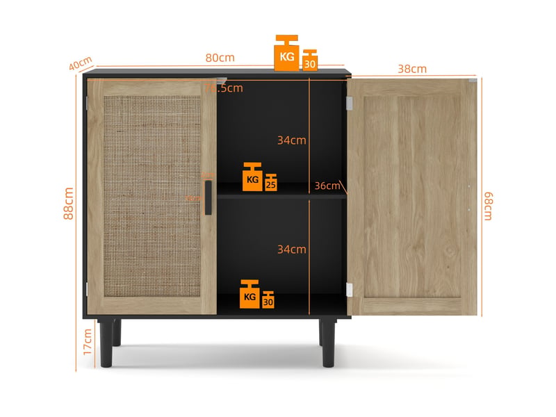  Meuble de rangement en rotin avec 2 portes magnétiques et 2 niches ouvertes pour salon noir 80 × 40 × 88 cm  - Conforama E