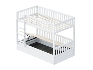 Lit superposé enfant 90x200 cm en bois massif blanc avec rangement hydraulique intégré