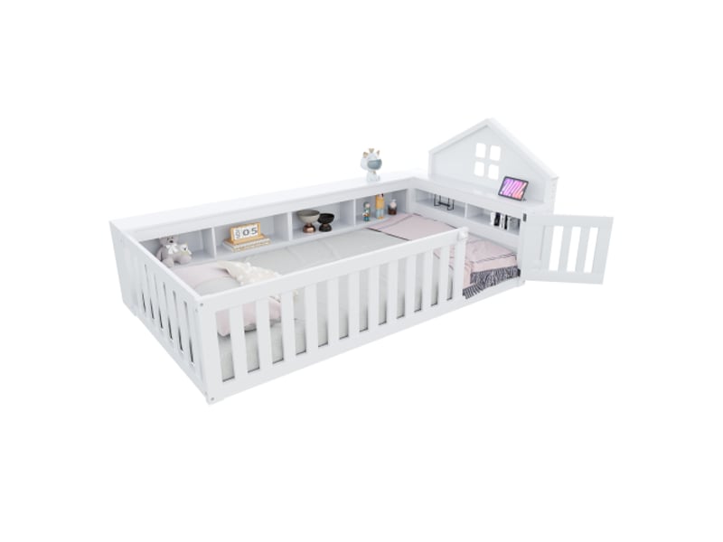  Lit enfant 90x200 cm, lit au sol avec rangements, porte et protection de sécurité, en bois, blanc, sans matelas  - Conforama A