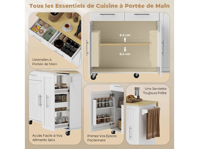  Îlot central cuisine avec plateau rabattable, roulettes, 2 tiroirs, portes à fermeture douce, blanc, porte-serviettes  - Conforama A