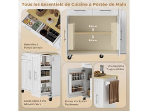 Îlot central cuisine avec plateau rabattable, roulettes, 2 tiroirs, portes à fermeture douce, blanc, porte-serviettes