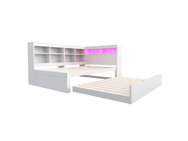 Lit gigogne 90x200+90x190cm, lit de repos avec led, espace de rangement, tête de lit et sommiers, pin+mdf, blanc, sans matelas - Conforama W