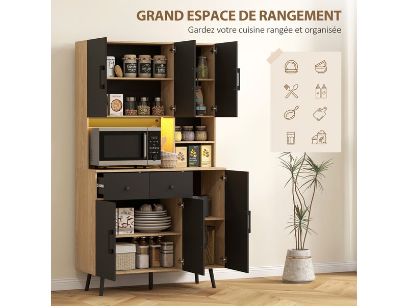 Buffet cuisine meuble cuisine rangement haut avec lumière led rgb plan de travail 6 portes 2 tiroirs noir 100x40x176cm - Conforama E