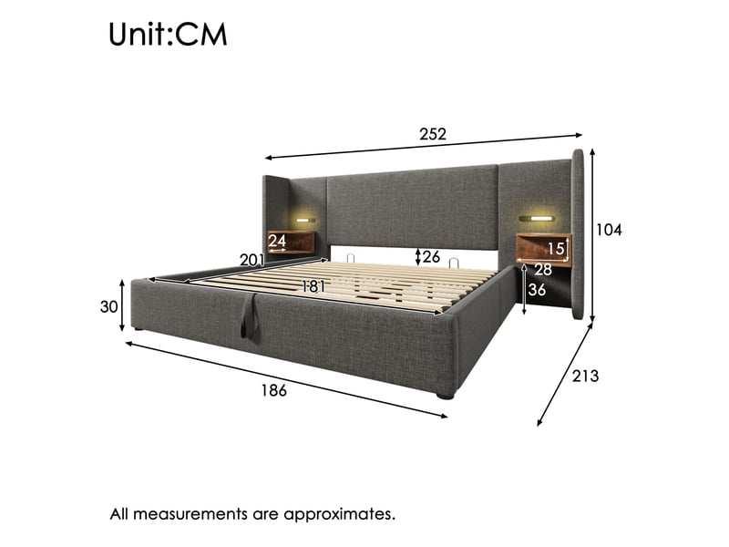  Lit double 180 x 200 cm avec rangement hydraulique, lampes de lecture et recharge usbtype-c, gris  - Conforama E