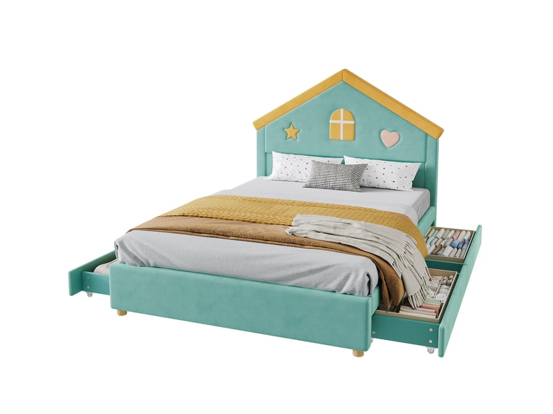  Lit enfant maison 140x200 cm avec 4 tiroirs bleu-vert sans matelas  - Conforama A