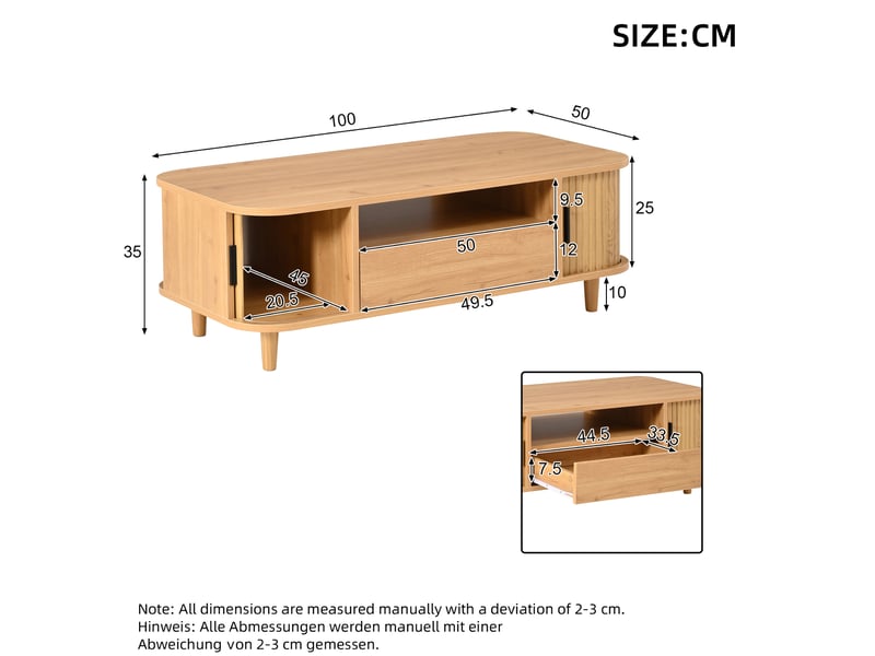  Table basse avec 1 tiroir, 2 portes à rideau et rangement ouvert, pieds en bois, finition bois naturel pour salon  - Conforama C