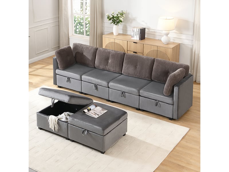  Canapé modulable 6 places 261x132,5cm, 6 modules combinables en u ou l, coffre de rangement intégré, convertible en couchage d'appoint, velours, gris antique OMNIGLINT TRADING LTD - Conforama E