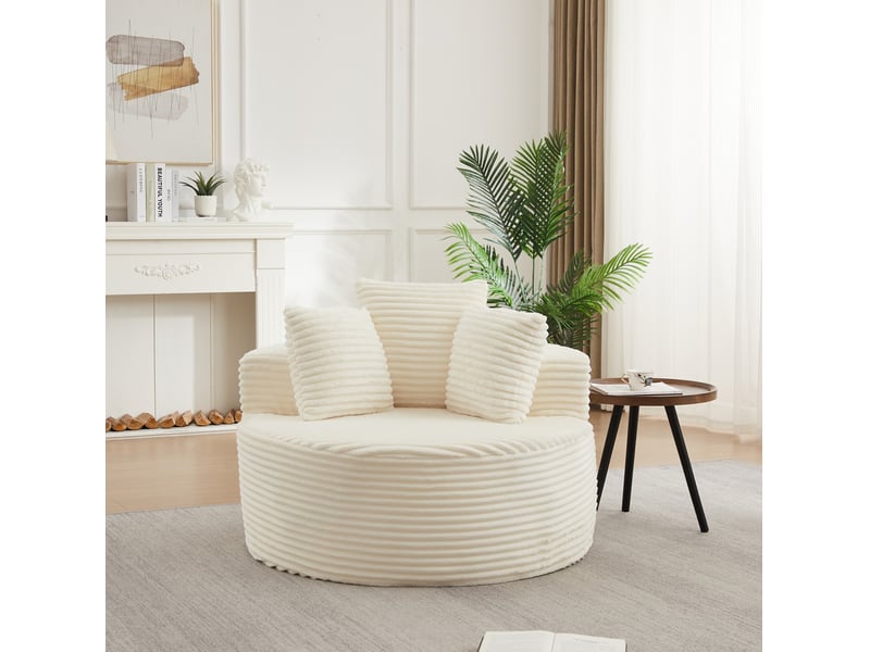  Fauteuil rond 1 place avec 3 coussins et accoudoirs larges en velours côtelé beige, diamètre 110 cm  - Conforama B