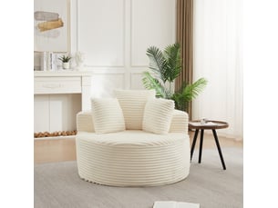 Fauteuil rond 1 place avec 3 coussins et accoudoirs larges en velours côtelé beige, diamètre 110 cm