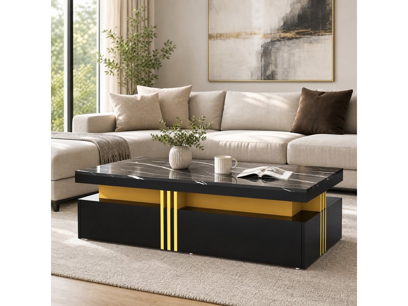  Ensemble meuble tv avec 3 tiroirs et table basse avec 2 tiroirs, noir, plateaux effet marbre  - Conforama B
