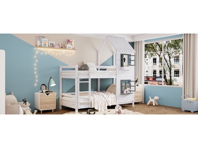  Lit superposé enfant avec fenêtres et rampe 90x200 cm blanc et gris bois massif et mdf structure à baldaquins avec échelle et rangement Sol Morn - Conforama B