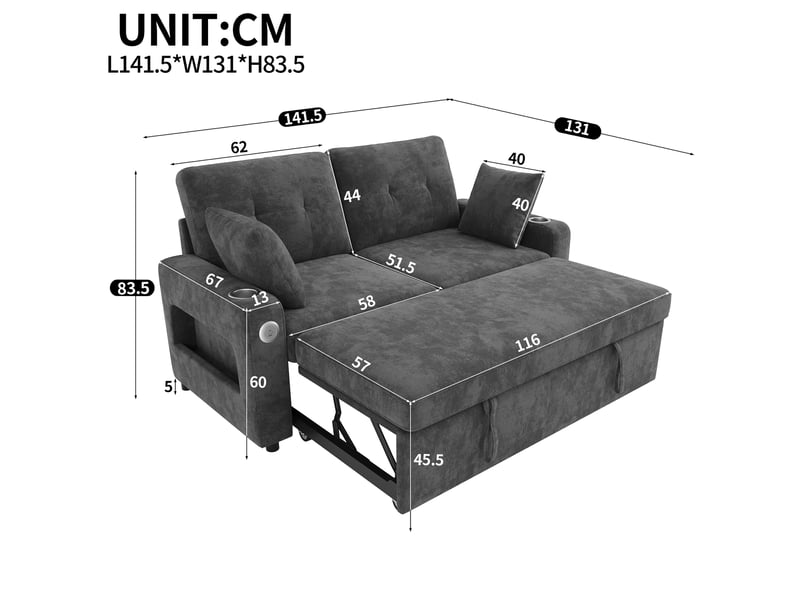 Canapé droit convertible 2 places 141,5x131x83,5 cm en chenille avec led, usb type-c, porte-gobelets et rangement - gris - Conforama C