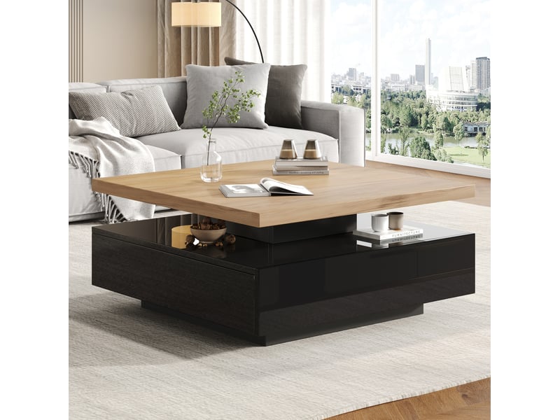  Table basse pivotante à 360° avec tiroir caché et niche ouverte pour salon, noyer et noir, 70 × 70 × 36 cm  - Conforama D