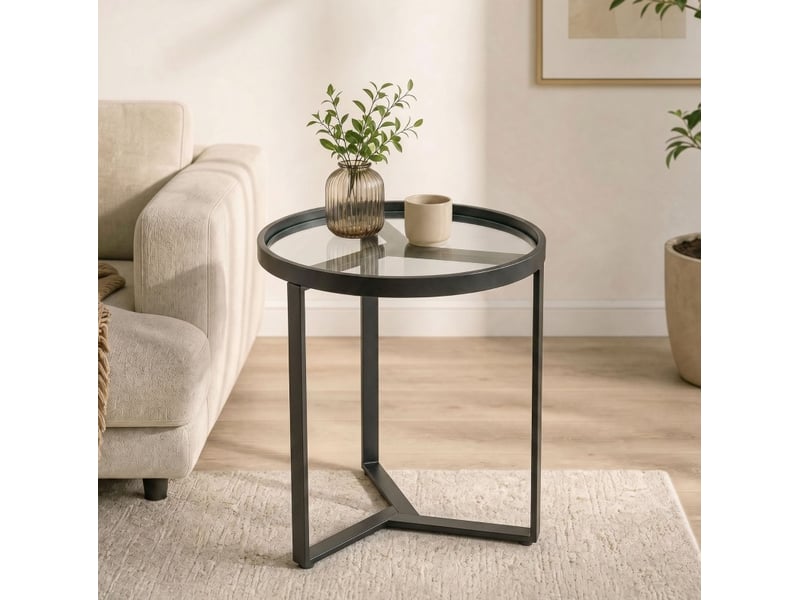  Table d'appoint ronde noire 45 x 45 x 50 cm en verre trempé et métal géométrique  - Conforama B