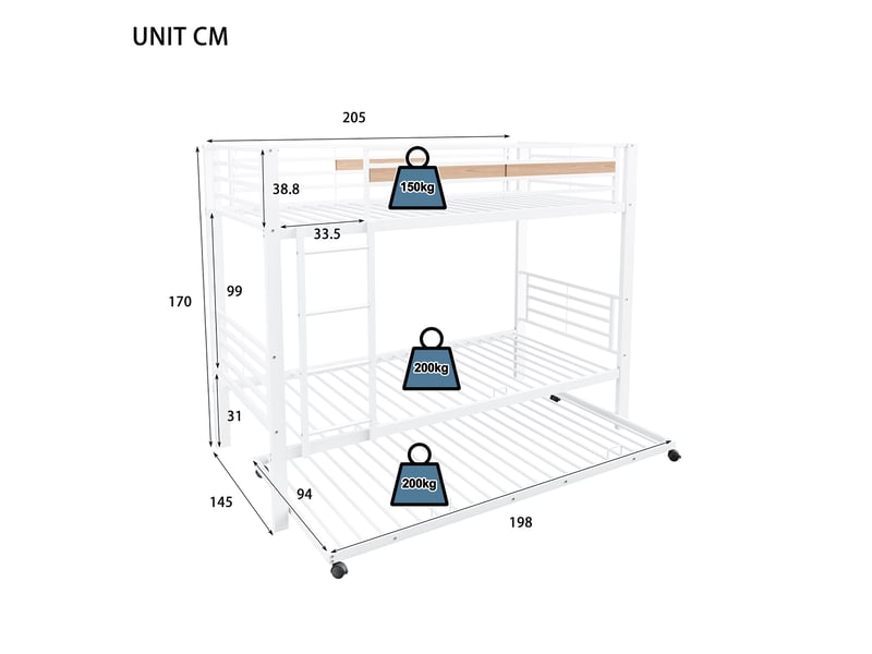  Lits superposés 90 × 200 cm en métal blanc avec lit gigogne sur roulettes IKSETERA TRADING LTD - Conforama C