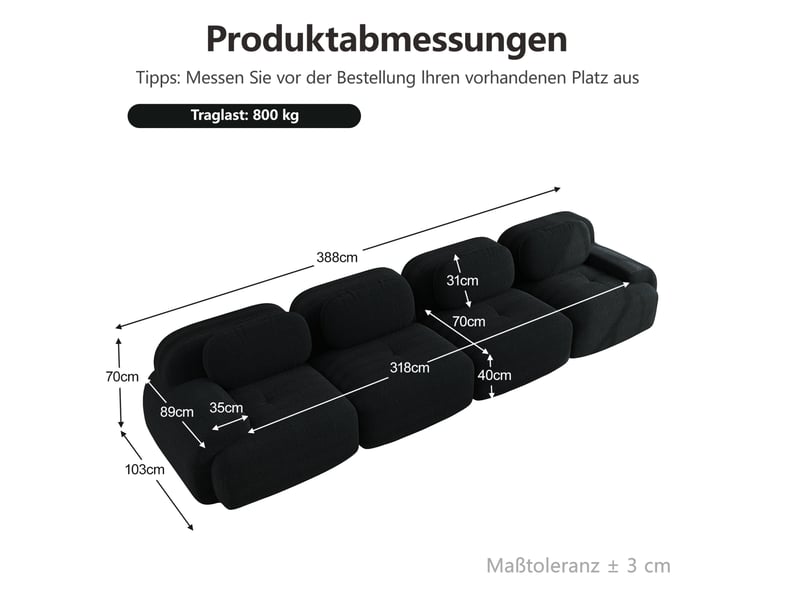  Canapé modulaire 4 places en velours côtelé avec assise 32d, structure sans cadre et base antidérapante, noir  - Conforama E