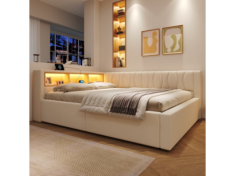  Lit banquette coffre 140x200 cm - avec de rangement hydraulique, éclairage led dimmable, tête de lit étagère et prises usb, beige evarich - Conforama E