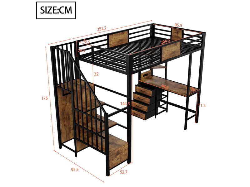  Lit mezzanine noir 90x200cm avec rangement, armoire, bureau et étagères, éclairage led, confort durable - fer - pour enfant ado  - Conforama E