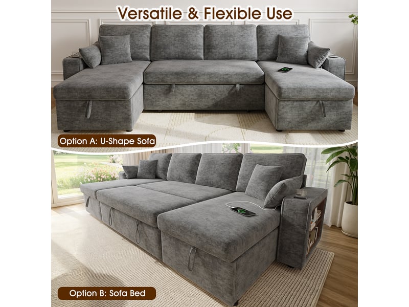  Canapé d’angle u convertible 4 places 270x125x86 cm, avec couchage, rangements, usbtype-c et tablettes, tissu chenille, gris Bubbly - Conforama E