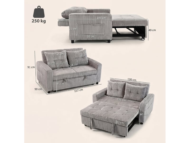 Canapé convertible 2 places 3 en 1 avec dossier réglable et poches latérales en velours côtelé gris clair - Conforama C