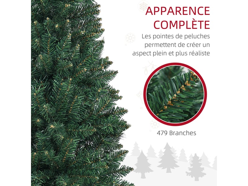  Sapin de noël artificiel 180 cm arbre de noël slim avec support en acier pliable, 479 branches épines vert  - Conforama E