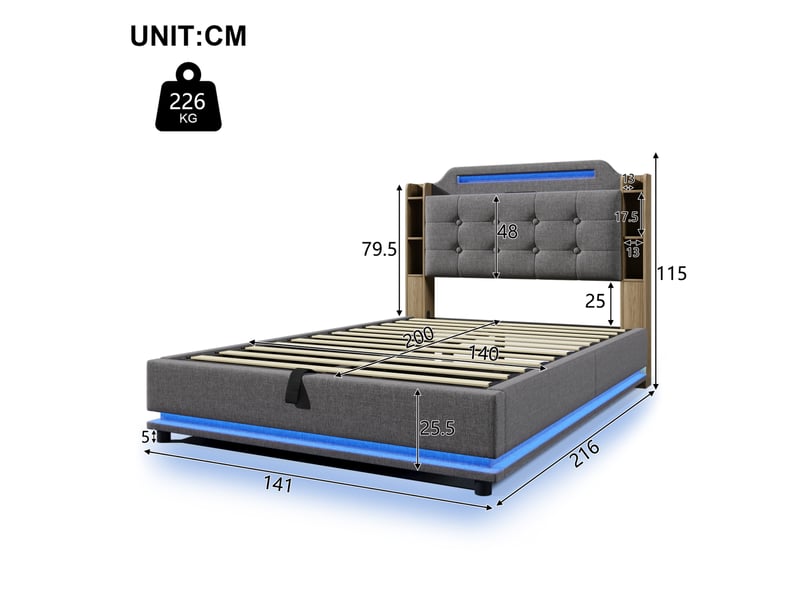  Lit coffre 140x200 cm gris avec bandeau led, usbtype-c et rangement hydraulique  - Conforama C