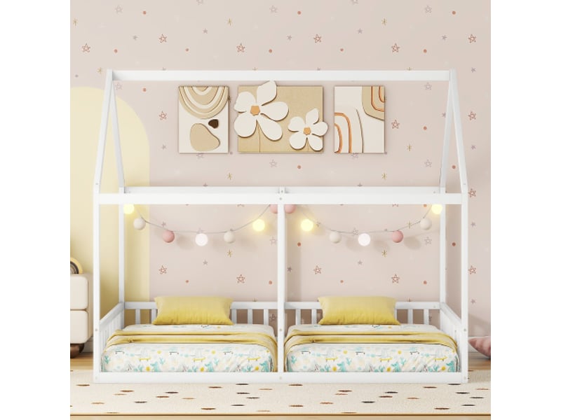 Lits simples 90x200cm pour 2 personnes, lit enfant, lit cabane, lit plat, forme maison, blanc - Conforama B