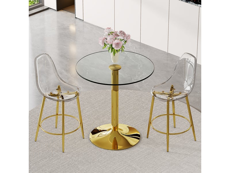  Ensemble table de bar avec 2 tabourets transparents, table haute ronde en verre de 89 cm, structure dorée avec repose-pieds  - Conforama C
