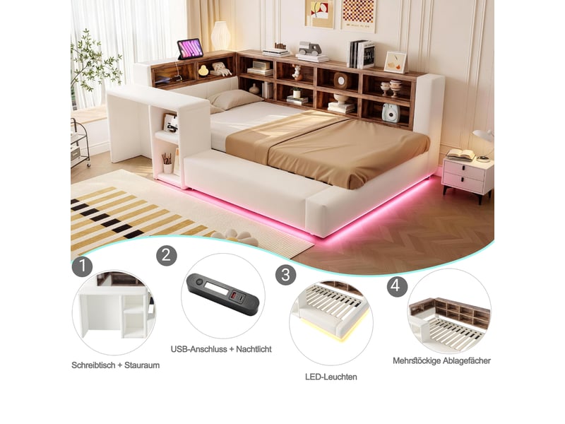Lit coffre rembourré 90x200 cm – avec rangements led prises et table de chevet – velours – beige CozyNest - Conforama E