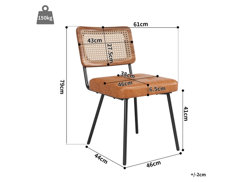  Lot de 4 chaises, marron, pu + métal, style raffiné, pieds fer réglables, dossier rotin pe  - Conforama C