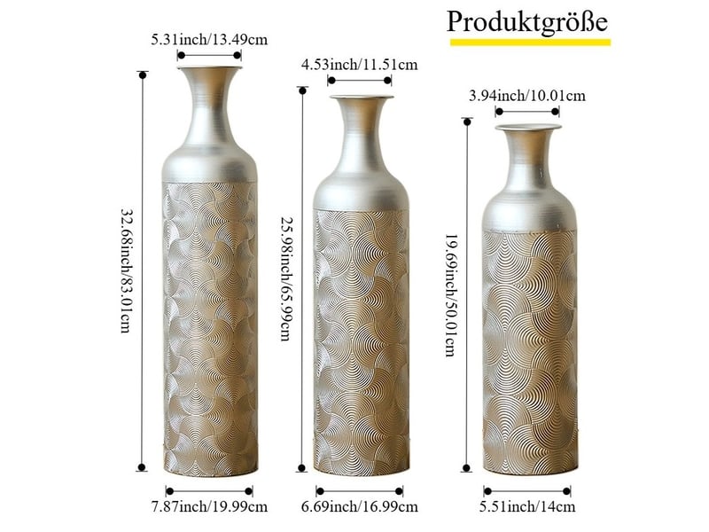  Lot de 3 vases de sol 50, 66 et 83 cm argentés en métal, motif ondulé pour plantes et fleurs séchées  - Conforama C