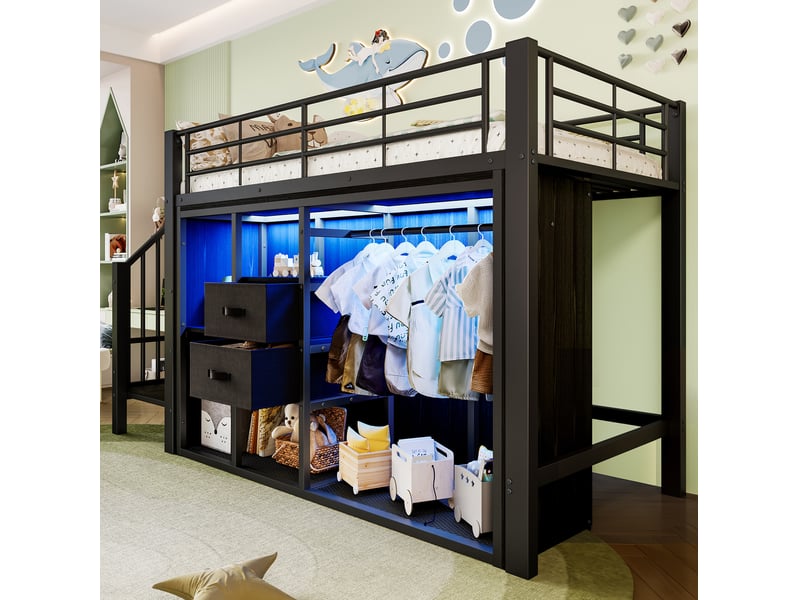  Lit mezzanine 90x200 cm avec 2 tiroirs, dressing ouvert et led multicolore noir  - Conforama E