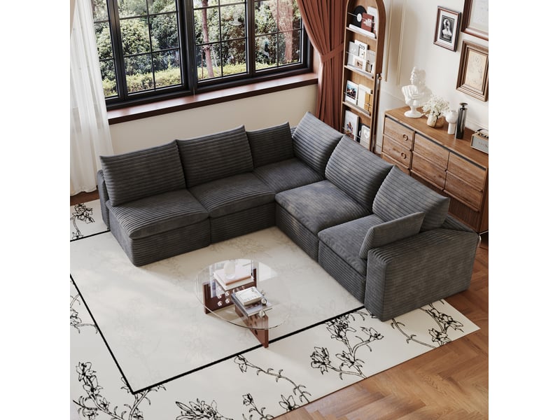 Canapé d'angle tcqpz modulable 5 places 260 x 250 cm velours côtelé gris foncé coussins déhoussables  - Conforama B