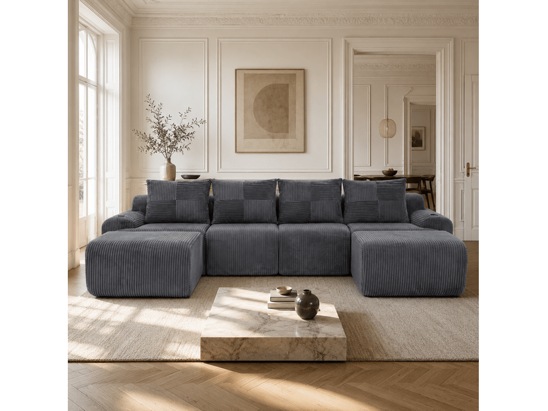 Canapé modulable 333x174x80 cm avec 2 poufs, porte-gobelets et poche gris foncé  - Conforama E
