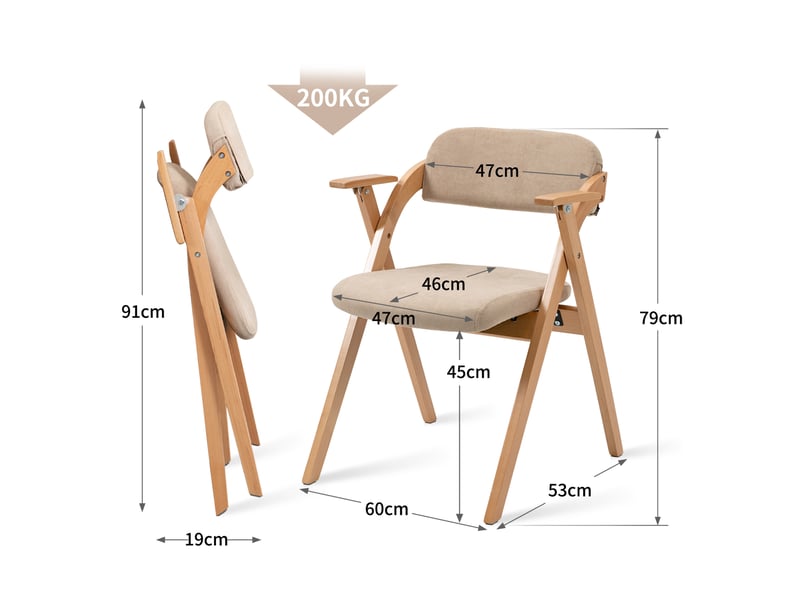  Lot de 2 chaises de salle à manger pliantes 52,5x60x79 cm, accoudoirs, assises rembourrées, bois, empilables, kaki  - Conforama C