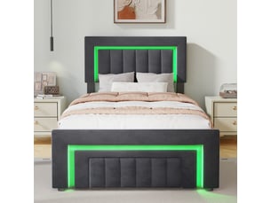 Lit simple rembourré en velours 90×200 avec coffre, led et tiroirs de rangement, gris foncé (sans matelas)