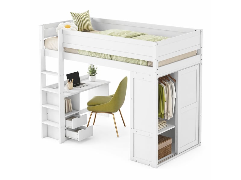  Lit mezzanine enfant 90x200 cm avec bureau et armoire bois et mdf blanc sans matelas  - Conforama A