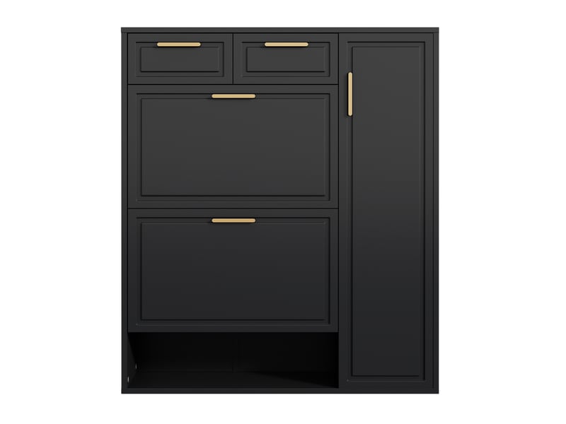  Meuble à chaussures noir 95x24x107 cm, placard avec portes rabattantes et tiroirs, étagères ajustables, structure en panneaux de particules  - Conforama A