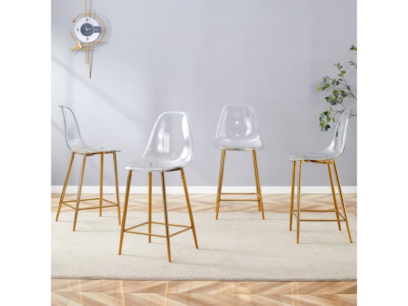  Lot de 4 tabourets de bar transparent et doré 43x101,6 cm - chaises hautes de cuisine style moderne avec coque en acrylique  - Conforama E