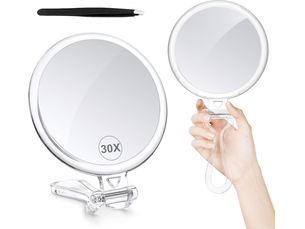 Miroir de maquillage avec grossissement 30x, double face (1x30x), miroir à main avec poignée - miroir cosmétique pour les voyages