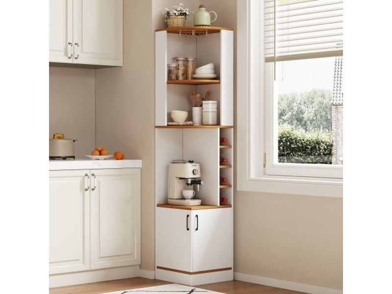  Buffet de cuisine 2 portes 40x40x182 cm - meuble d'angle avec porte-bouteilles et rangement pour verres - blanc  - Conforama A