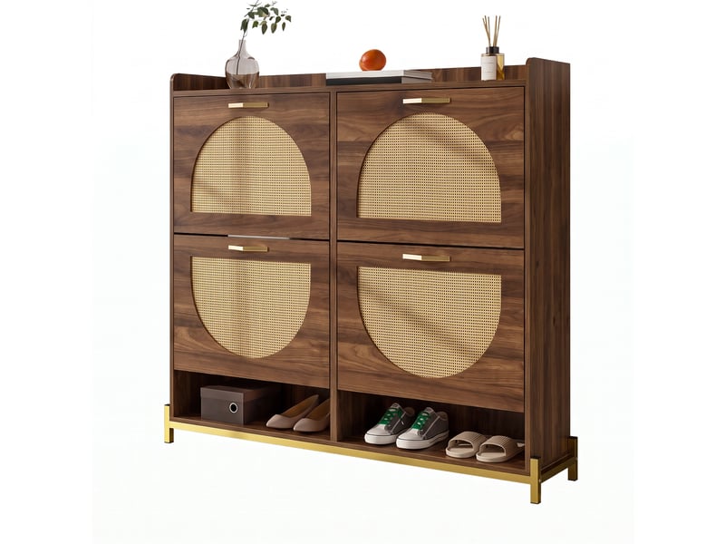  Meuble à chaussures 108,5 x 24 x 100 cm mdf noyer, 4 rabats effet rotin,pieds fer GL Store - Conforama A
